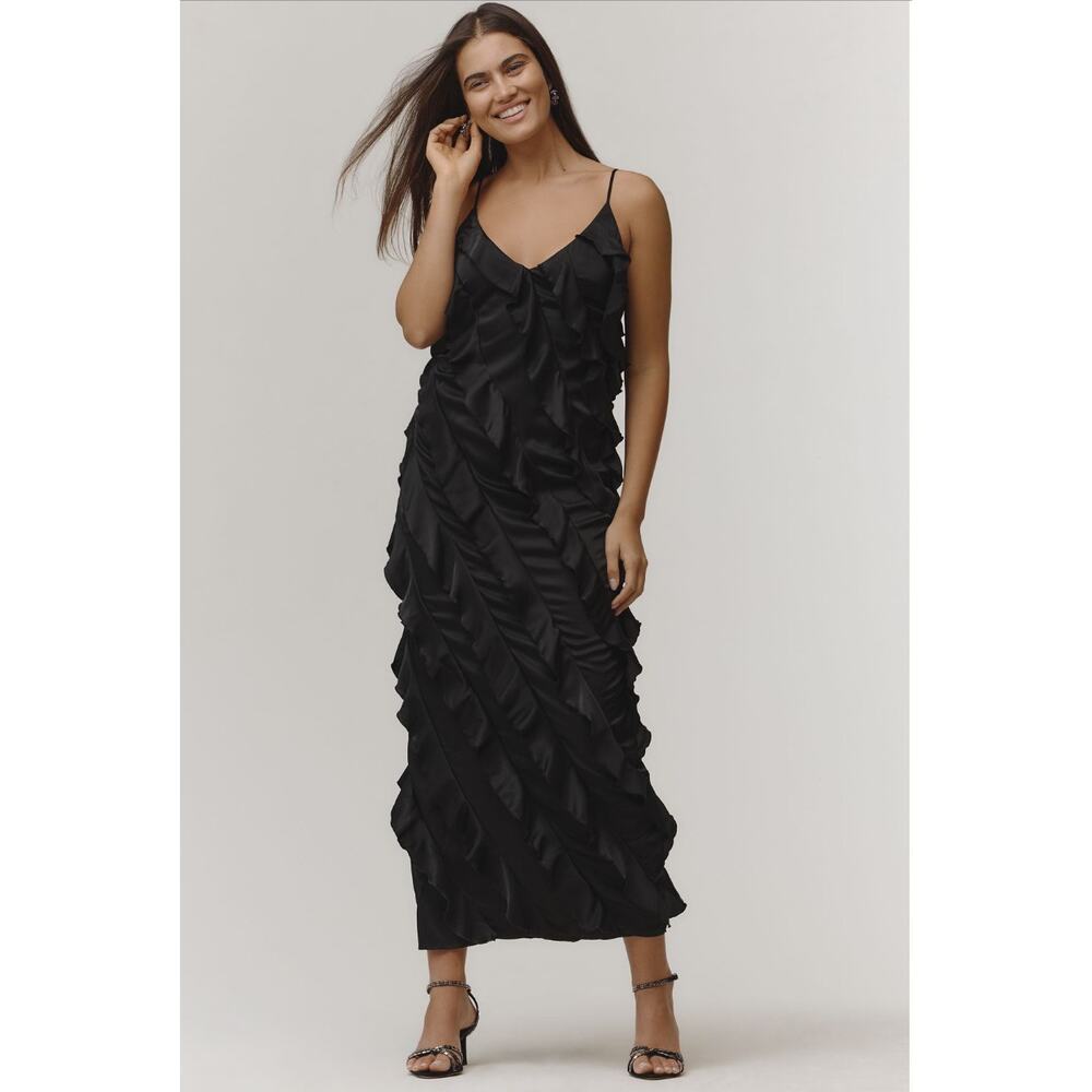 Anthropologie NWT Black‎ Bias Cut Ruffled Satin Midi Dress Size Medium